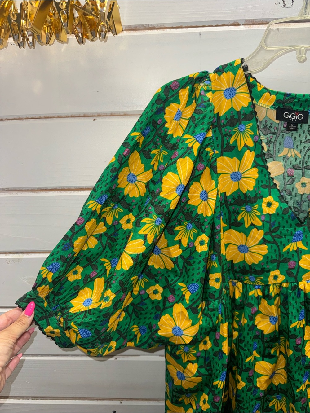 Green and Yellow Floral Puff Sleeve Mini Dress Gigio - Picture 5 of 8